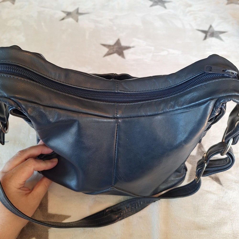 Vintage Navy Blue Genuine Leather Slouchy Shoulder Bag Zipper Close Pocket - Picture 7 of 15
